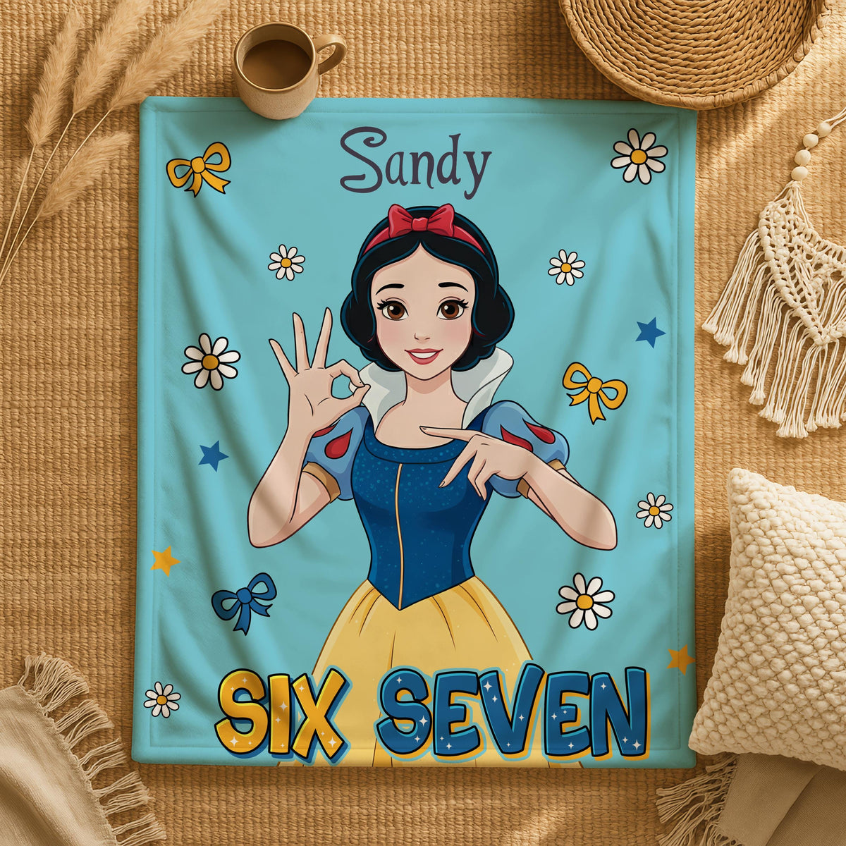 Custom Disneyland 6 7 Princess Blanket,Six Seven Princess Blanket,Cinderella Snow White Belle Ariel Princess Blanket, Birthday Girl Blanket