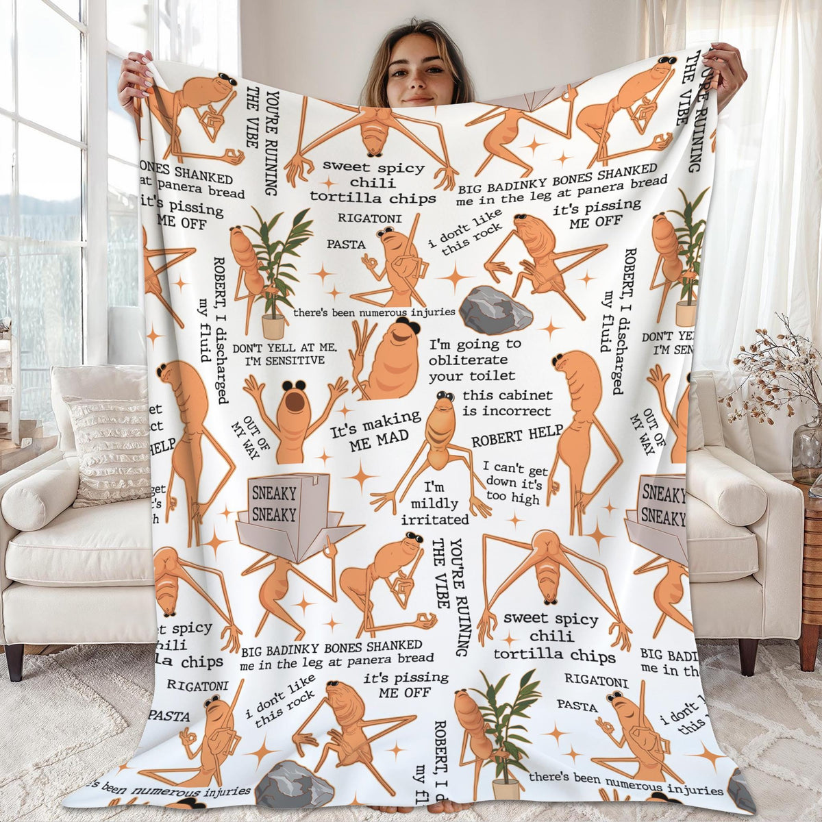 Marcus The Worm Blanket, Robert Help Marcus The Worm Blanket, Marcus The Worm Meme Blanket, Funny Meme Brain Rot Blanket