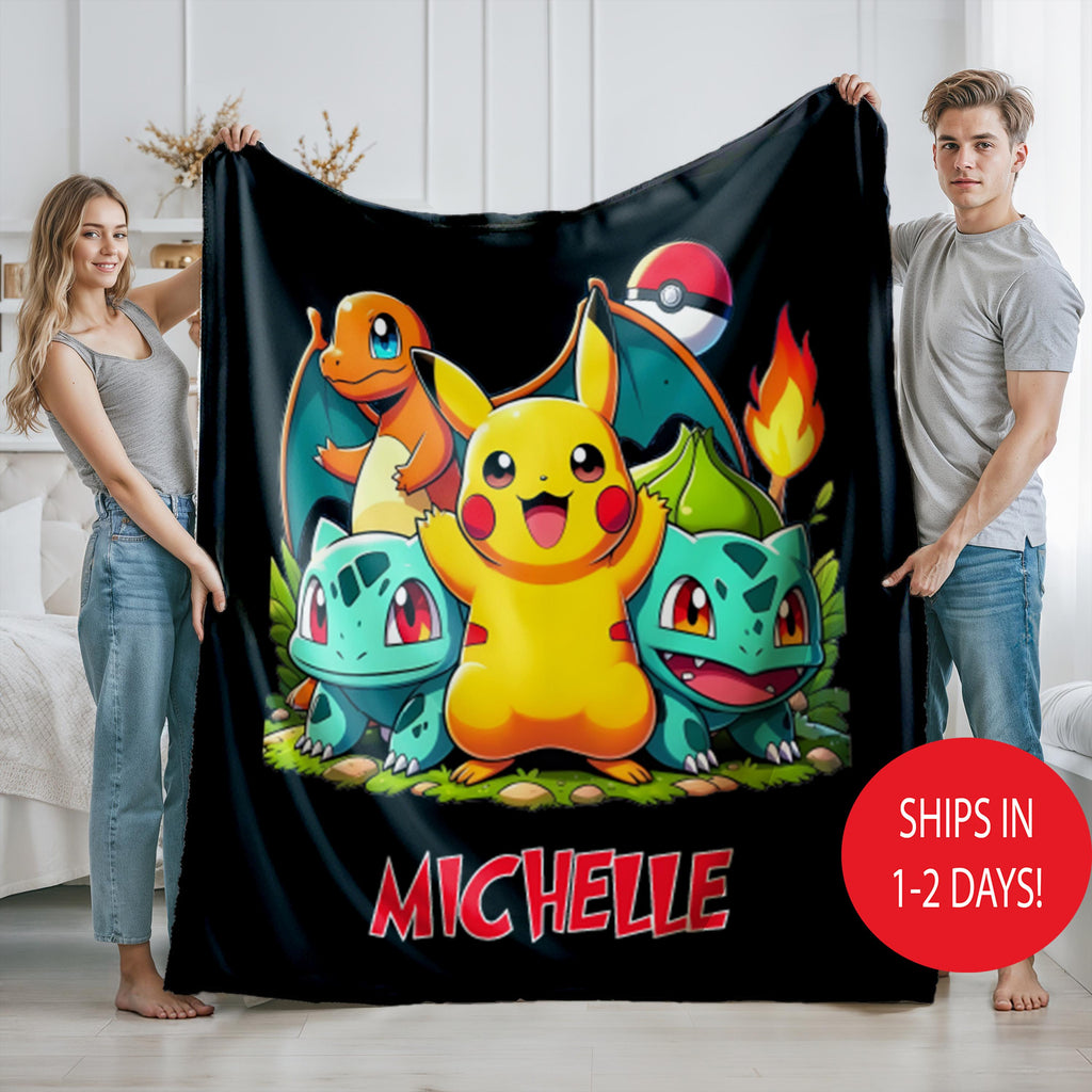 Personalized Pokemon Blanket With Name, Custom Pokemon Baby, Kids Birthday Gift Throw, Colorful Cartoon Bedding Decor, Cozy Soft Anime
