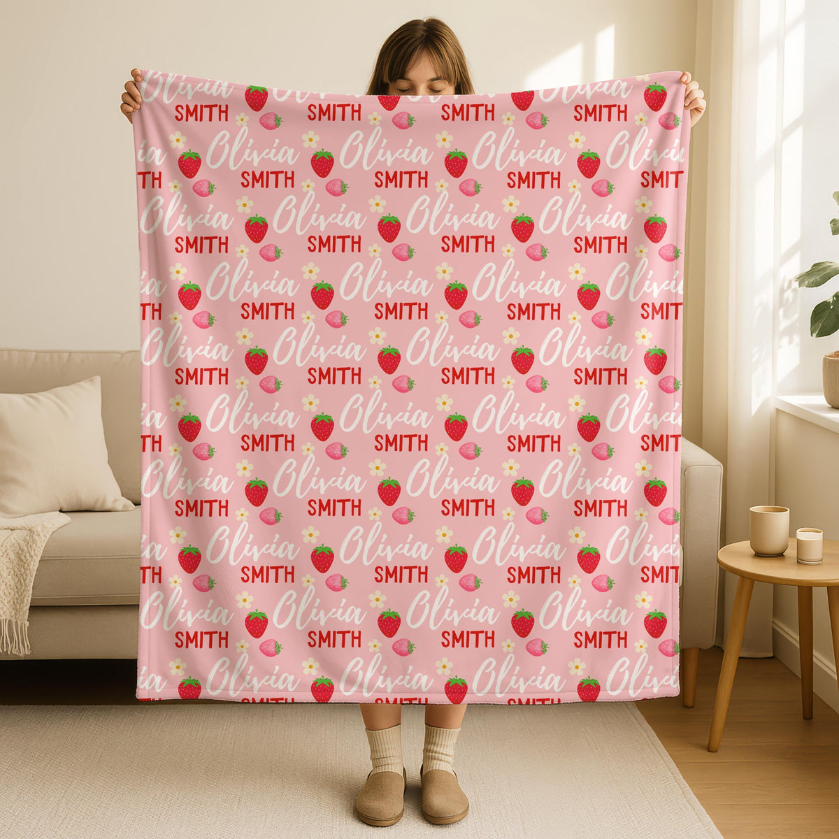 Personalized Strawberry Blanket,Custom Baby Name Blanket,Cozy and Cute Fruit Throw,Gift for Kids,Teens, and Adults,Pink Girl Nursery Decor