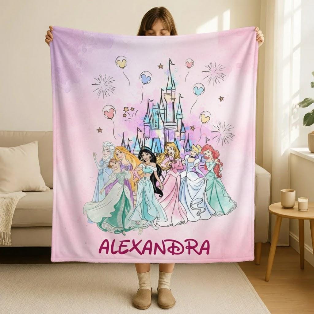 Personalized Watercolor Disney Princess Blanket, Custom Name Baby Girl Blanket, Disney Princess Birthday Girl Gift, WDW Disneyland Princess