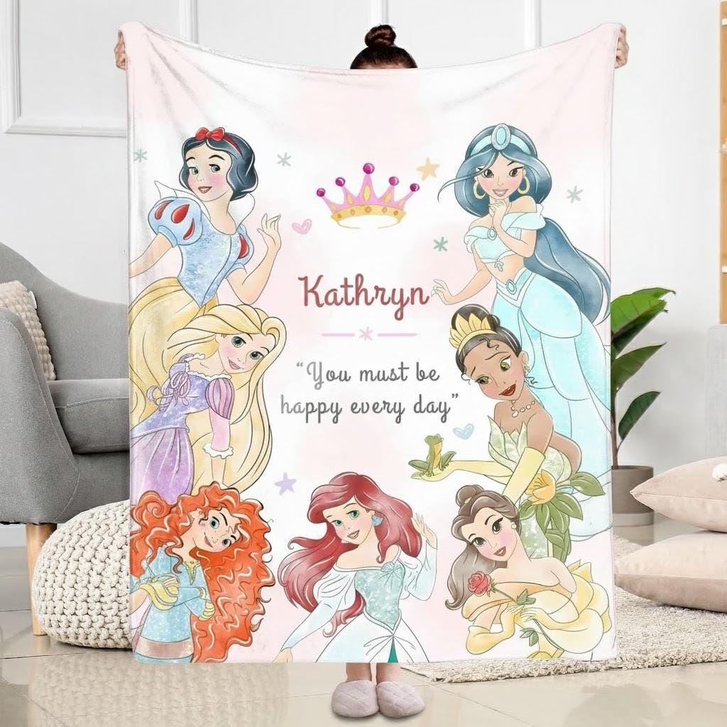 Personalized Disney Princess blanket, Watercolor Castle Coquette bows Blanket, Belle Rapunzel Tiana Ariel Elsa blanket, Birthday Girl gift