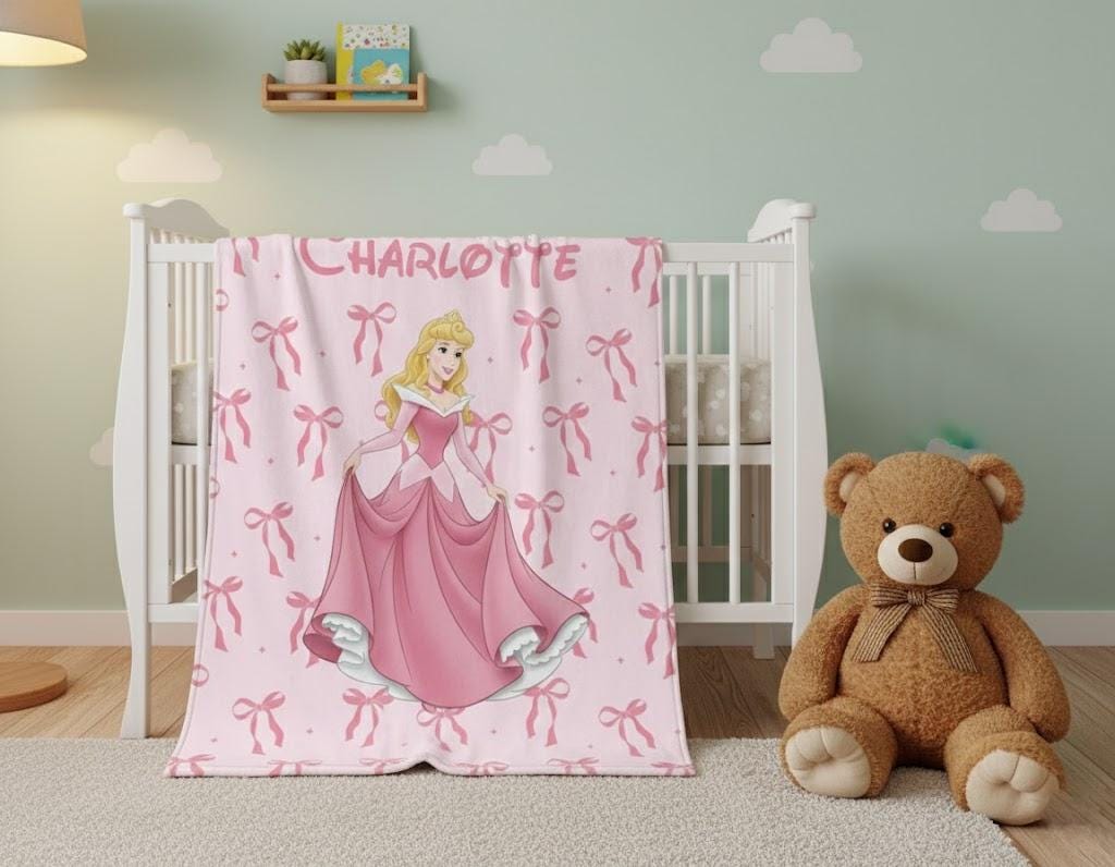 Custom Aurora Princess Blanket, Sleeping Beauty Bows Throw, Personalized Disney Coquette Bedding, Princess Birthday Girl Gift
