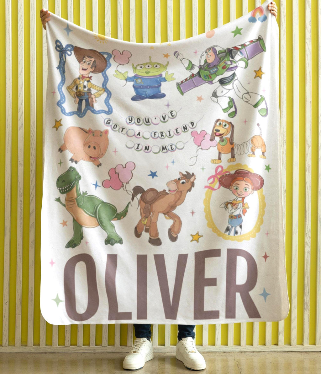 Retro Coquette Disney Toy Story Blanket for Kids, Custom Name Toy Story Characters Throw Blanket, Gift to Niece Nephew Disney Bedding Gift