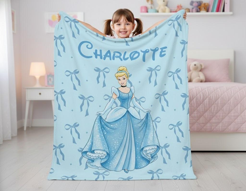 Custom Cinderella Princess Blanket, Disney Coquette Bows Throw, Fairytale Birthday Girl Gift, Personalized Princess Bedding