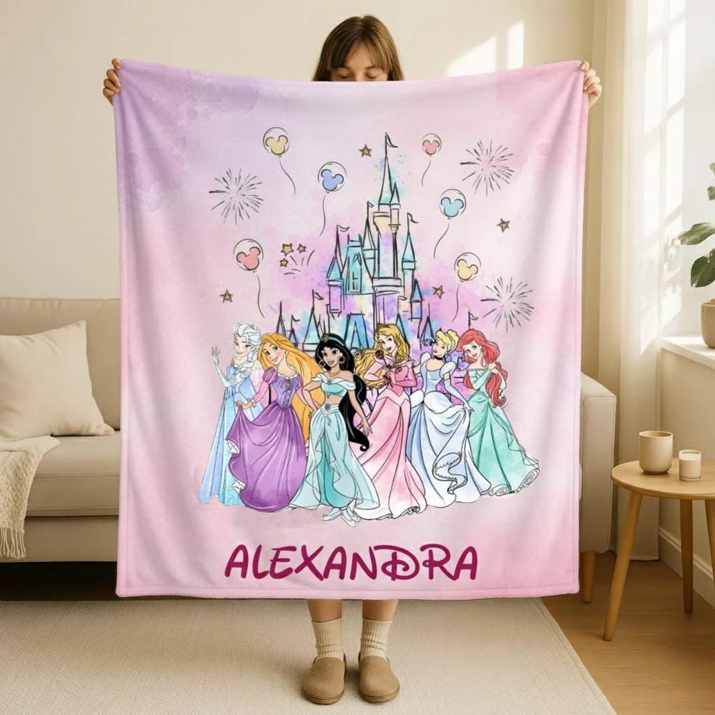 Personalized Disney Princess Blanket, Elsa Rapunzel Jasmine Aurora Cinderella Ariel Throw, Coquette Bows Bedding, Birthday Girl Gift
