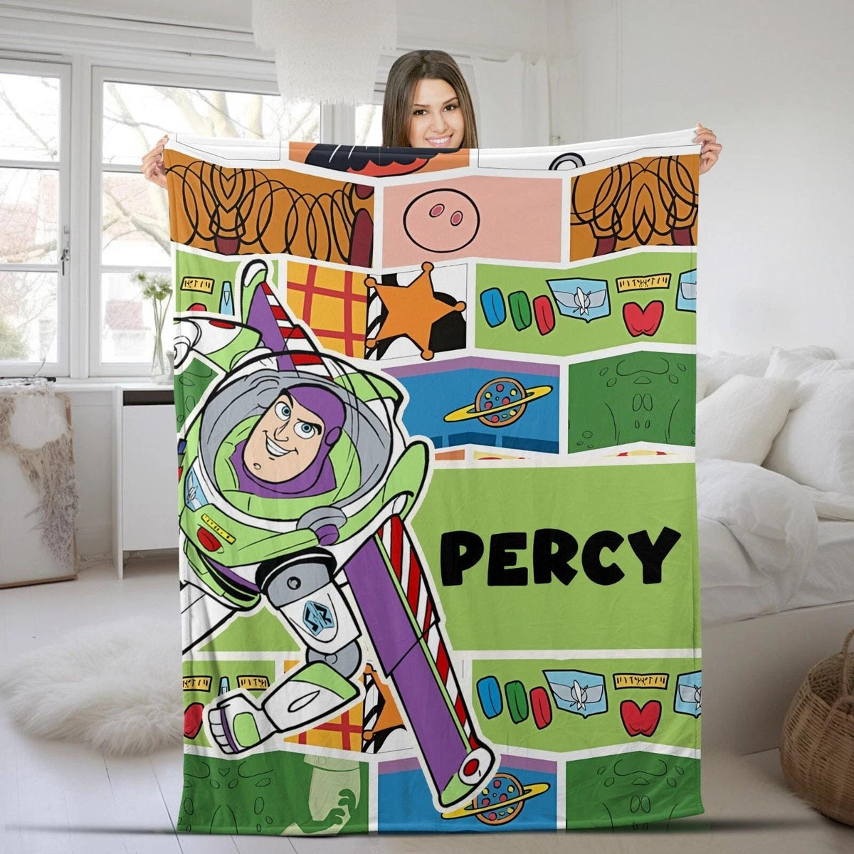 Personalized Buzz Lightyear Fleece Blanket | Custom Name Cartoon Blanket | Magic Kingdom Blanket for Bed Couch Sofa