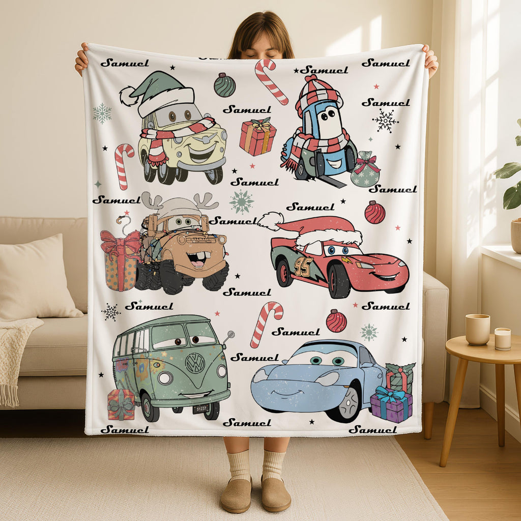 Custom Disney Cars Christmas Blanket, Lightning McQueen Xmas Gift, Cars Birthday Gift, Sally Tow Mater Hudson Christmas Blanket Gift