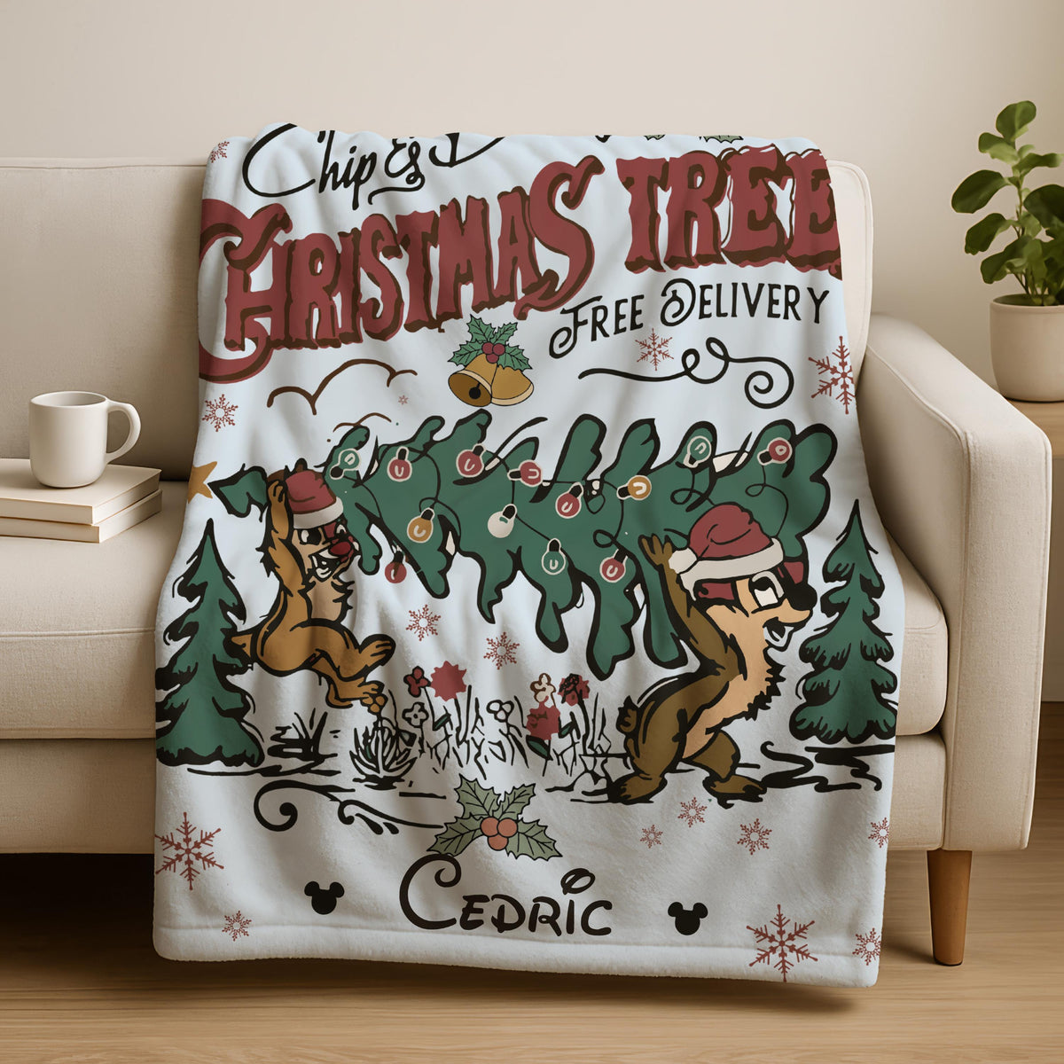 Christmas Trees Chip N' Dale Blanket with Name, Custom Name Blanket, Double Trouble Christmas Blanket, Christmas Disneyland Throw Blanket