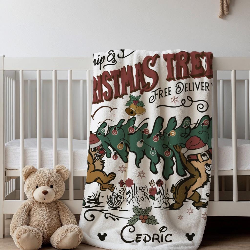 Christmas Trees Chip N' Dale Blanket with Name, Custom Name Blanket, Double Trouble Christmas Blanket, Christmas Disneyland Throw Blanket
