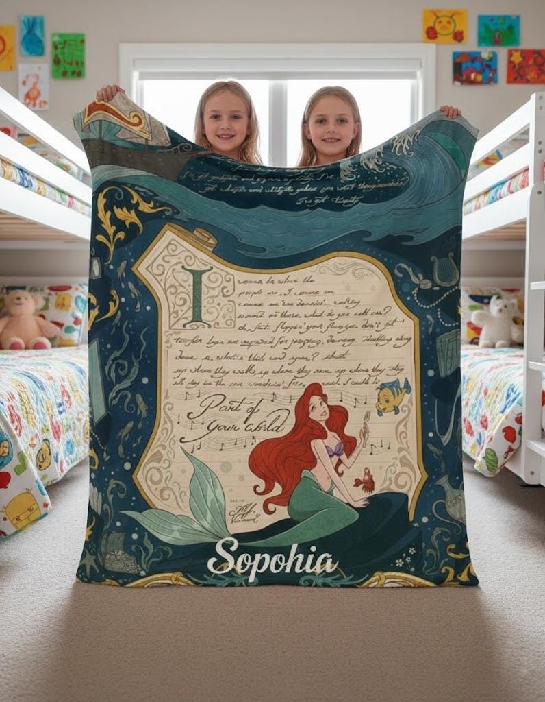 Personalized Little Mermaid Blanket, Retro Ariel Storybook Blanket, Part of Your World Throw, Vintage Mermaid Blanket, Custom Name Gift