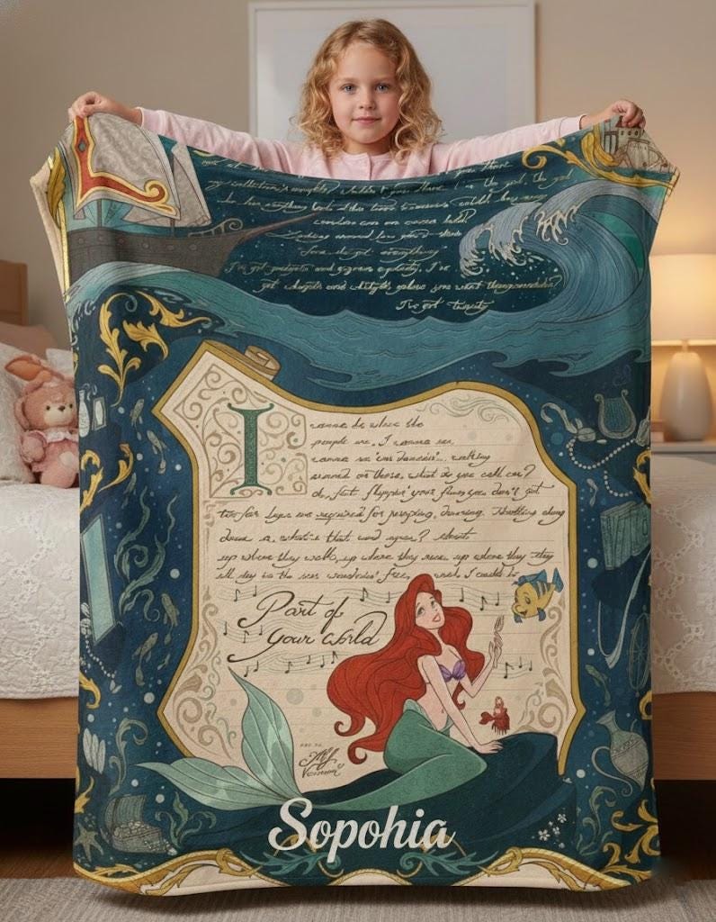 Personalized Little Mermaid Blanket, Retro Ariel Storybook Blanket, Part of Your World Throw, Vintage Mermaid Blanket, Custom Name Gift
