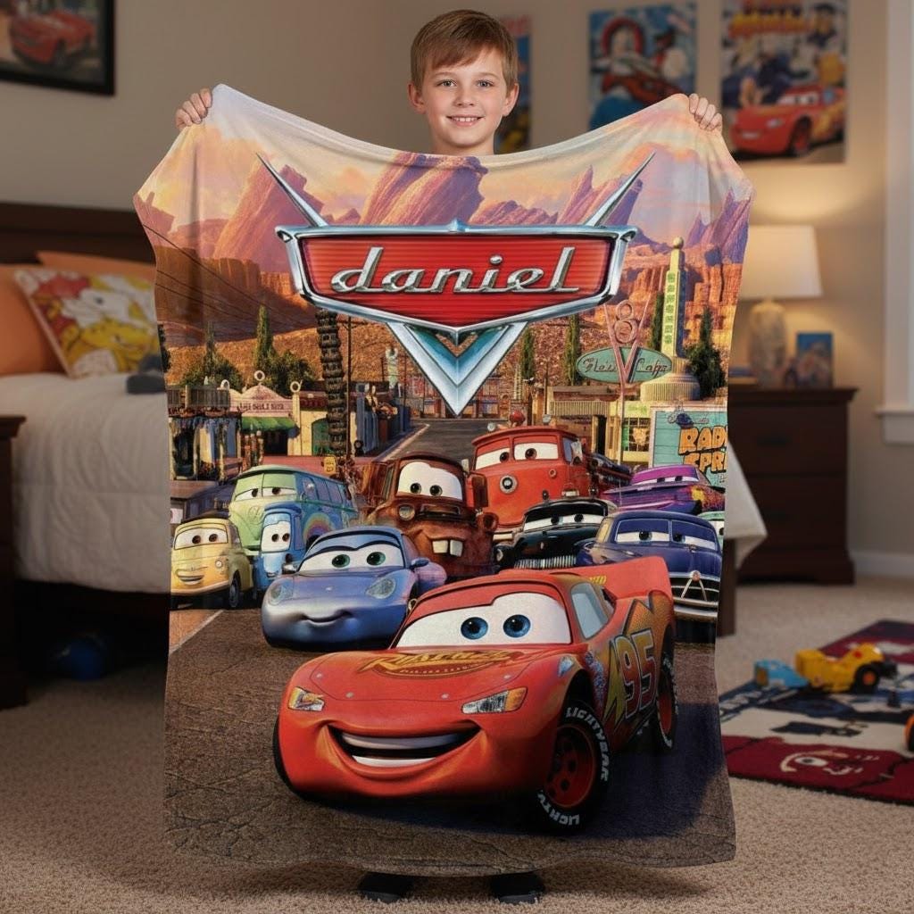 Personalized Lightning McQueen Blanket, Custom Pixar Cars Throw for Kids, Radiator Springs Character Blanket, Boys Racing Gift