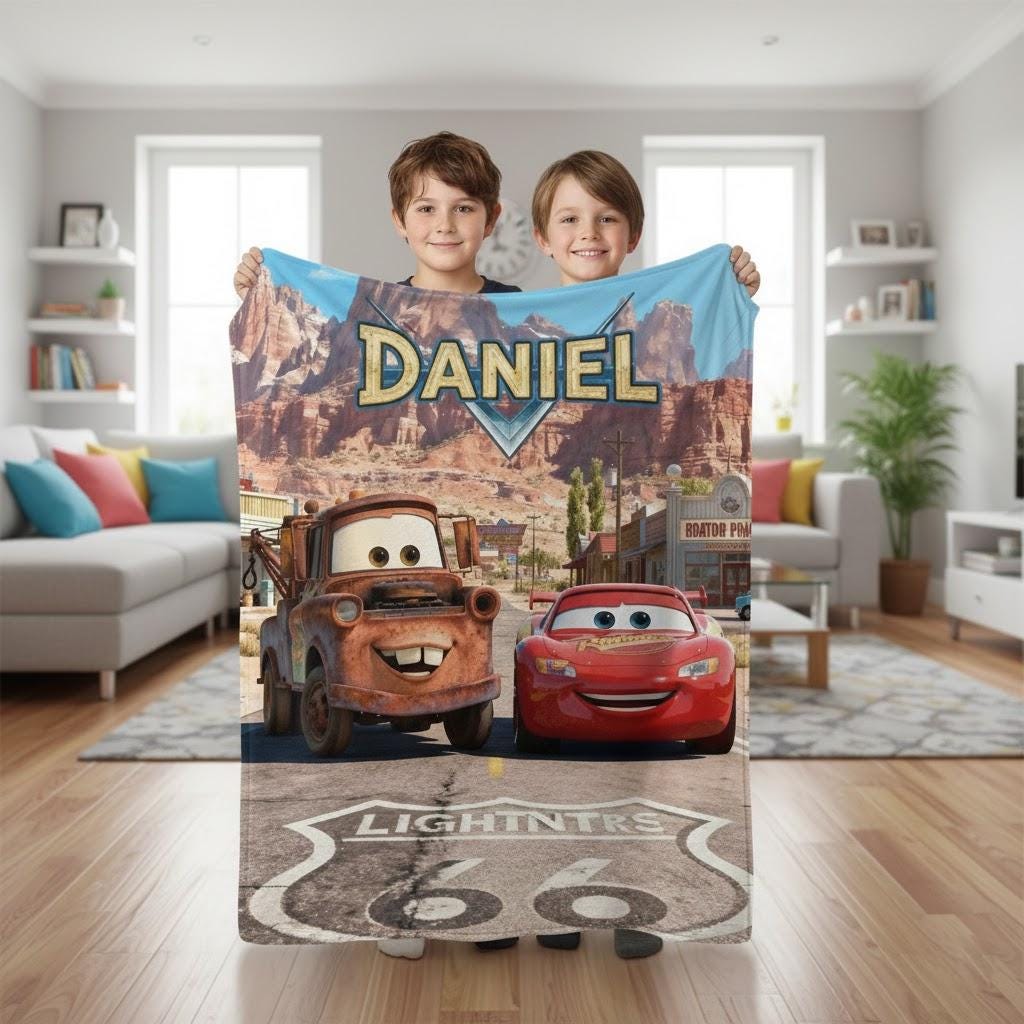 Personalized Cars Blanket, Mater and Lightning McQueen Route 66 Throw, Custom Pixar Kids Blanket, Radiator Springs Adventure Gift