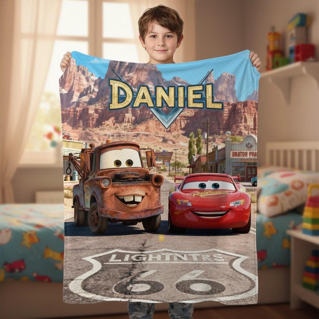 Personalized Cars Blanket, Mater and Lightning McQueen Route 66 Throw, Custom Pixar Kids Blanket, Radiator Springs Adventure Gift