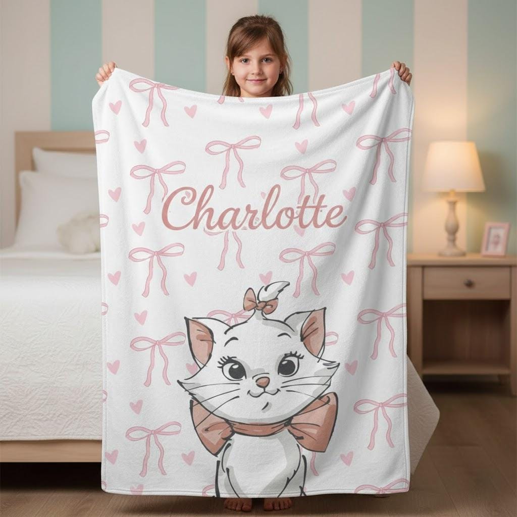 Personalized Aristocats Blanket, Marie Pink Ribbon Throw for Kids, Custom Name Cat Blanket, Cute Disney Kitten Gift for Girls
