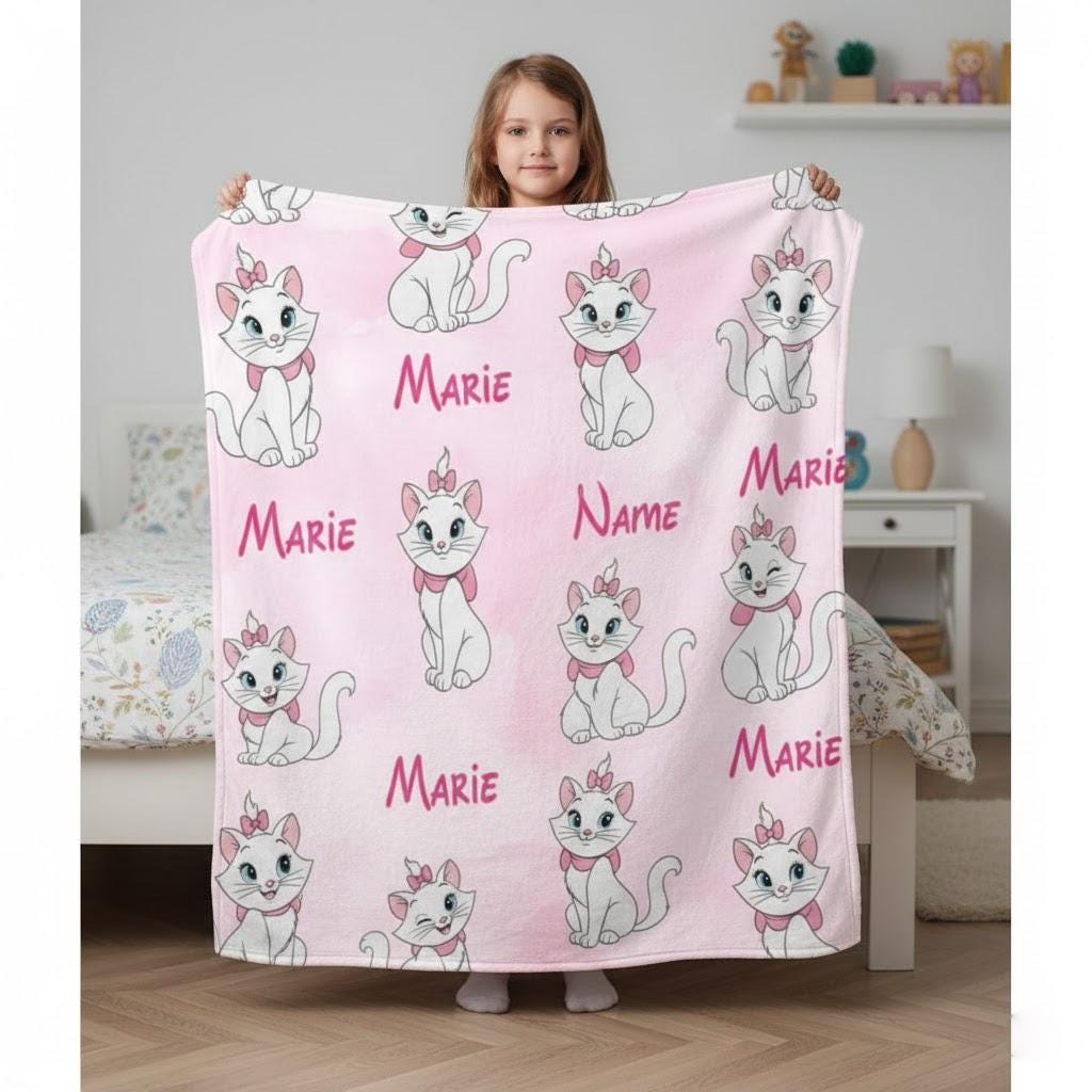 Personalized Aristocats Marie Blanket, Cute Pink Kitten Pattern, Custom Name Girls Blanket, Adorable Disney Cat Gift for Kids