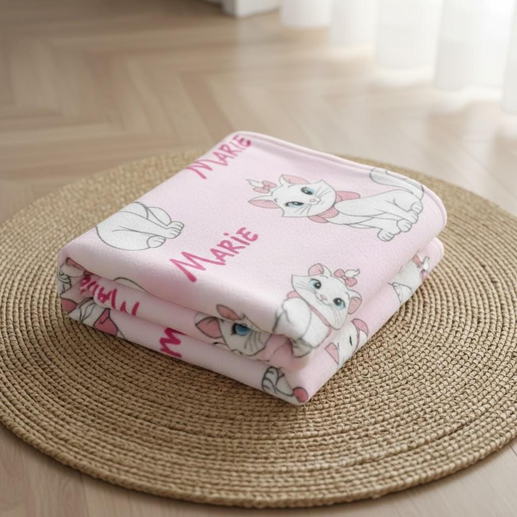 Personalized Aristocats Marie Blanket, Cute Pink Kitten Pattern, Custom Name Girls Blanket, Adorable Disney Cat Gift for Kids