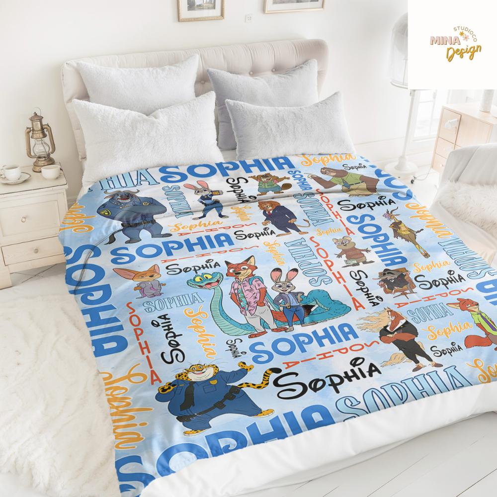 Personalized Disney Zootopia Blanket, Zootopia 2 Movie Judy Hopps Nick Wilde Gary De'Snake Birthday Boy, Birthday Girl, Family Home Decor