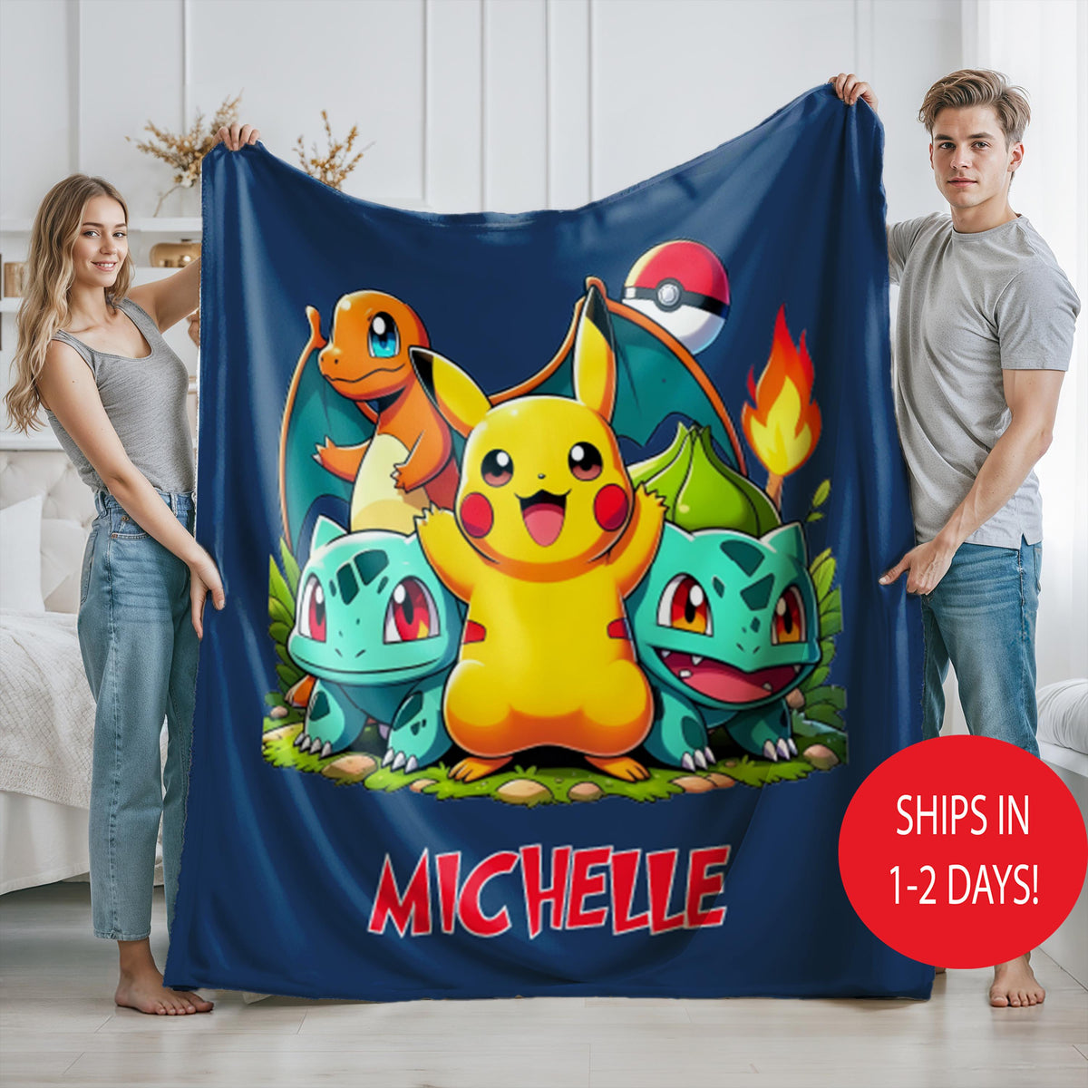 Personalized Pokemon Blanket With Name, Custom Pokemon Baby, Kids Birthday Gift Throw, Colorful Cartoon Bedding Decor, Cozy Soft Anime