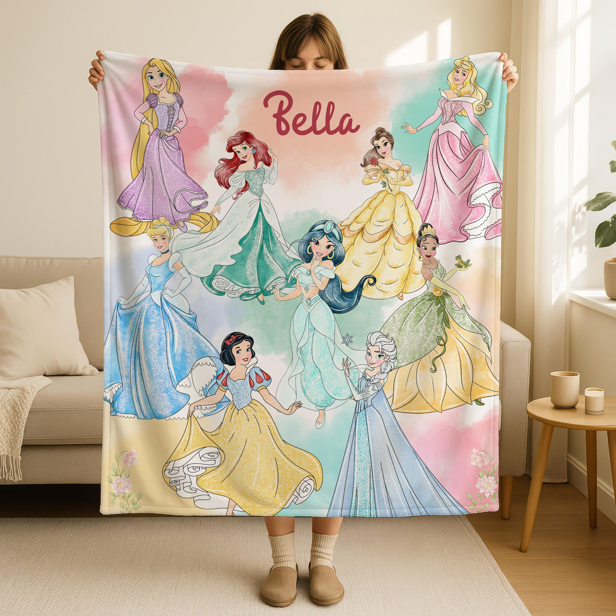 Personalized Disney Princess Blanket, Princess Girl Gift, Personalized Kid Blanket,Girly Gift Ideas, Disney Cinderella Ariel Belle Blanket
