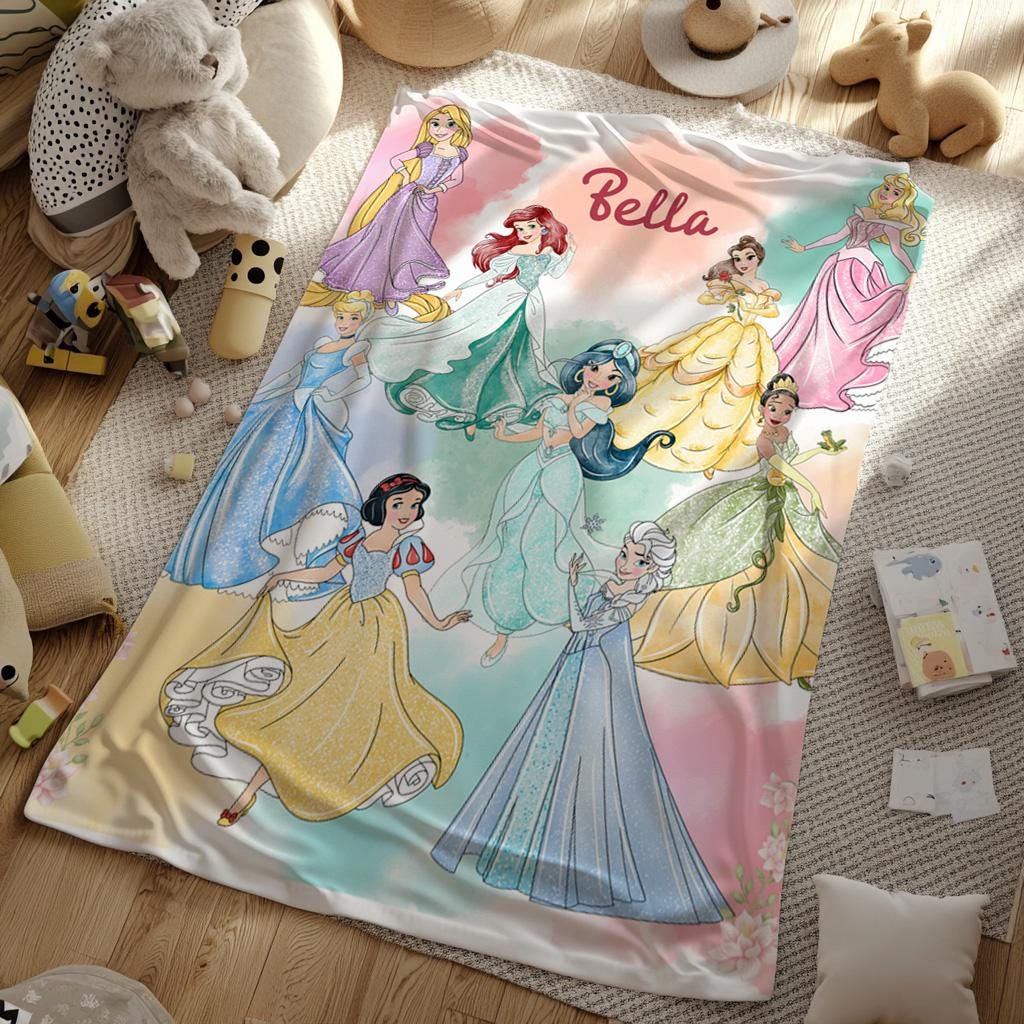 Personalized Disney Princess Blanket, Princess Girl Gift, Personalized Kid Blanket,Girly Gift Ideas, Disney Cinderella Ariel Belle Blanket