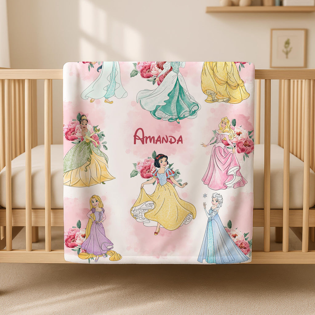 Floral Disney Princess Blanket, Blanket With Name, Personalized Disney Princess Blanket, Blanket Gifts, Toddler Gift,New Mom Gift,Kid Gift
