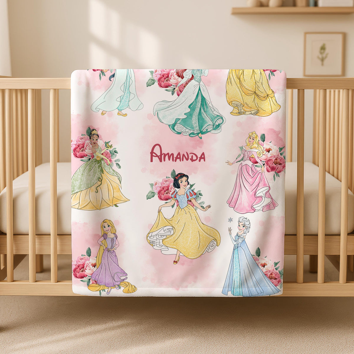 Floral Disney Princess Blanket, Blanket With Name, Personalized Disney Princess Blanket, Blanket Gifts, Toddler Gift,New Mom Gift,Kid Gift