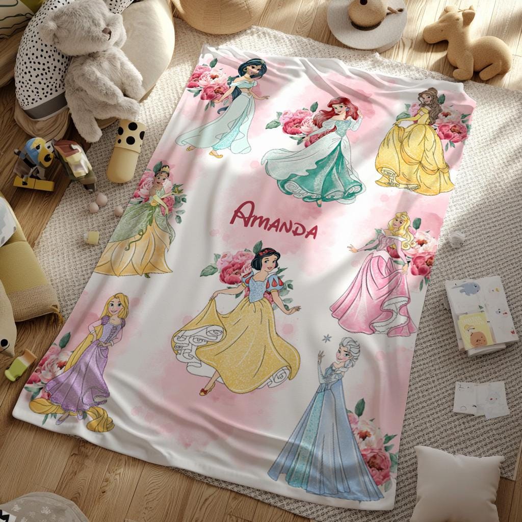 Floral Disney Princess Blanket, Blanket With Name, Personalized Disney Princess Blanket, Blanket Gifts, Toddler Gift,New Mom Gift,Kid Gift