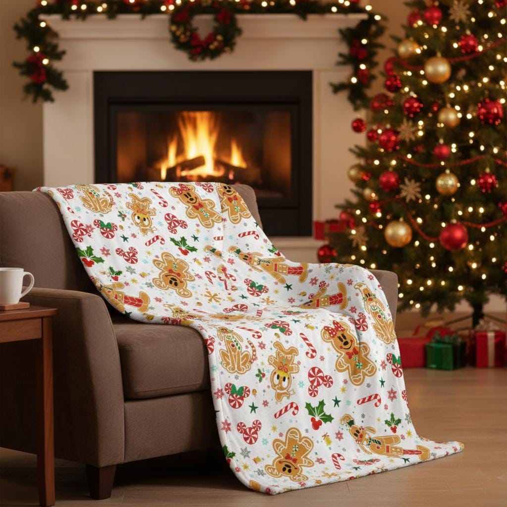 Christmas Gingerbread Velveteen Plush Blanket, Disney Fans Holiday Gift, Mouse Holiday Blanket, Cozy Winter Throw