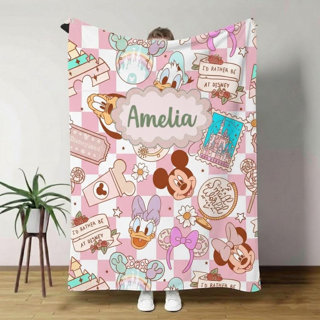 Personalized Disney Coquette Watercolor Blanket, Mickey and Friends Throw, Magic Kingdom Blanket, Disneyland Birthday Girl Gift