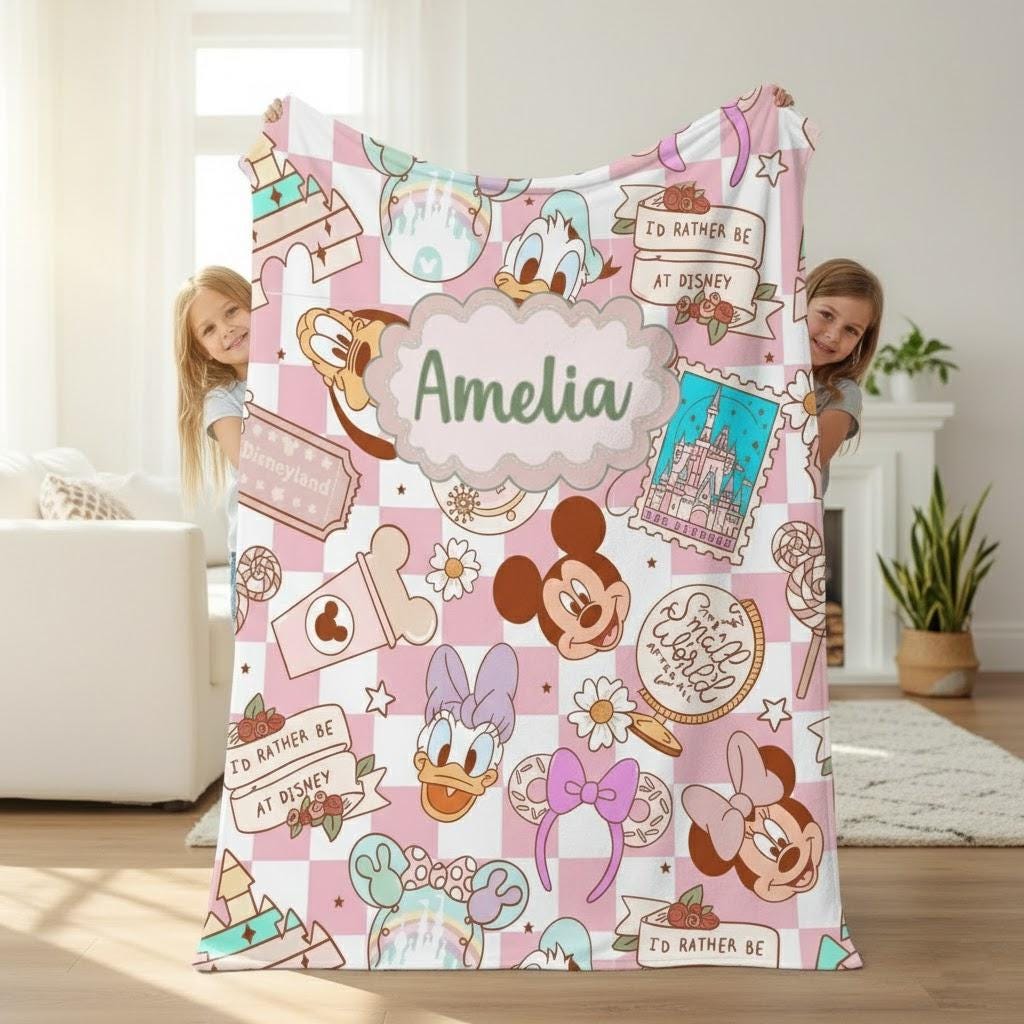 Personalized Disney Coquette Watercolor Blanket, Mickey and Friends Throw, Magic Kingdom Blanket, Disneyland Birthday Girl Gift