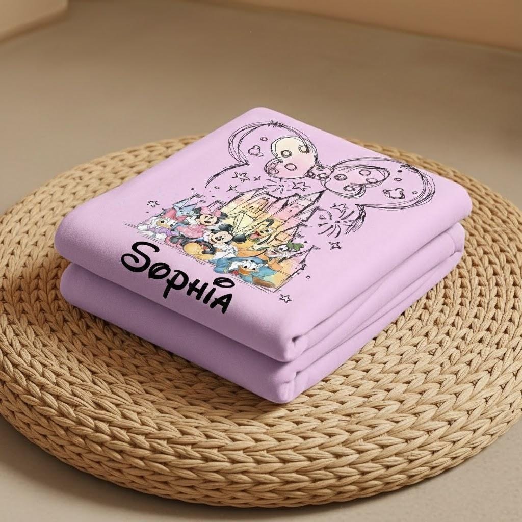 Personalized Disney Coquette Blanket, Mickey And Friends Castle Throw, Custom Name Kids Blanket, Cute Disney Birthday Gift