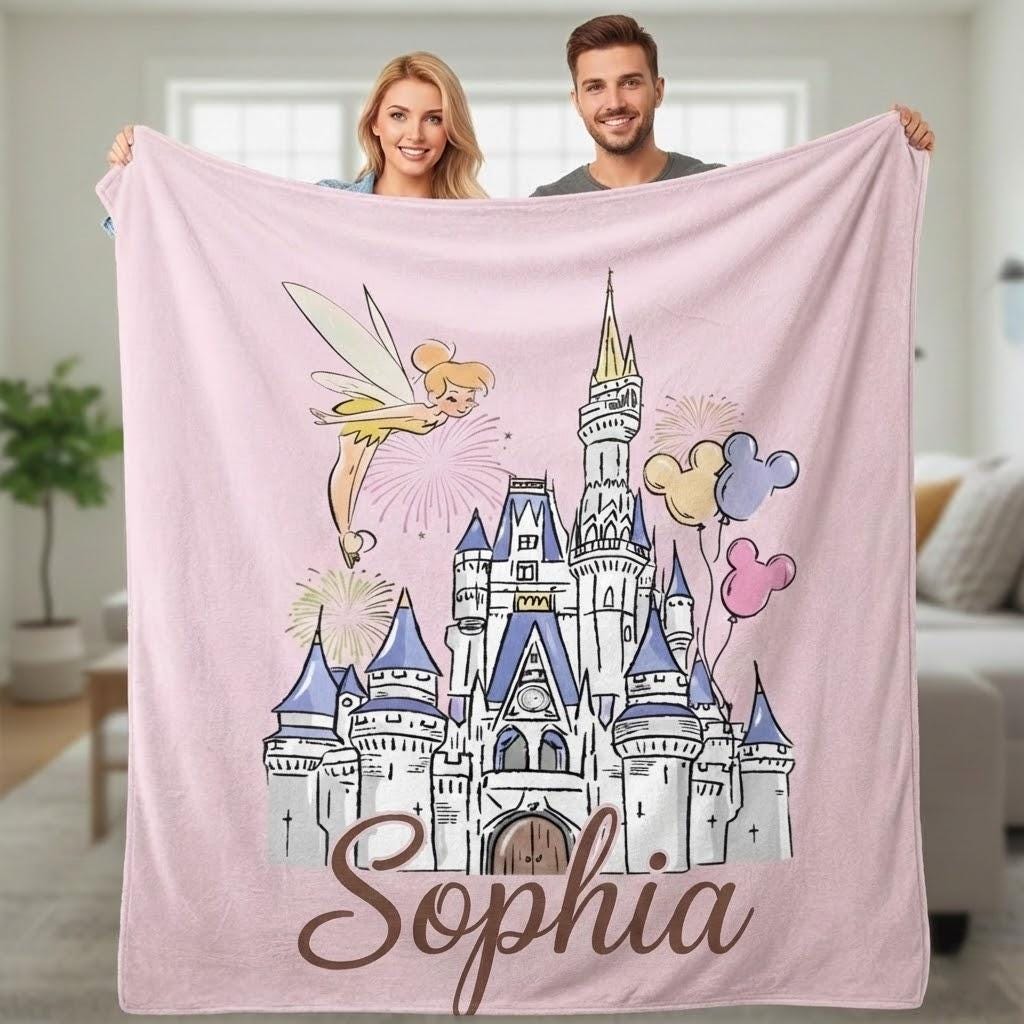 Personalized Tinker Bell Disney Castle Blanket, Custom Name Fairy Throw, Magical Kids Gift, Cute Disney Birthday Blanket