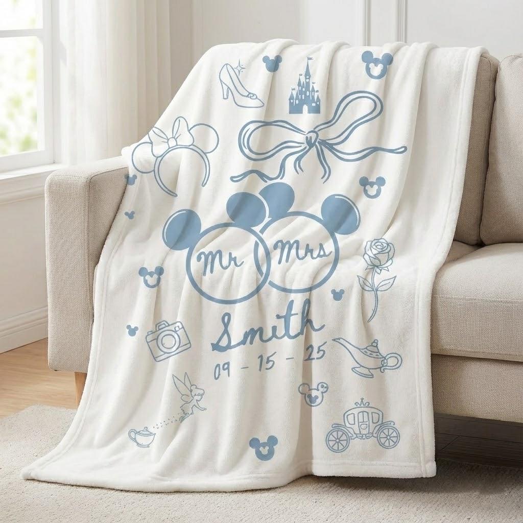 Personalized Disney Inspired Wedding Blanket, Custom Mr and Mrs Couple Throw, Engagement Anniversary Gift with Name and Date