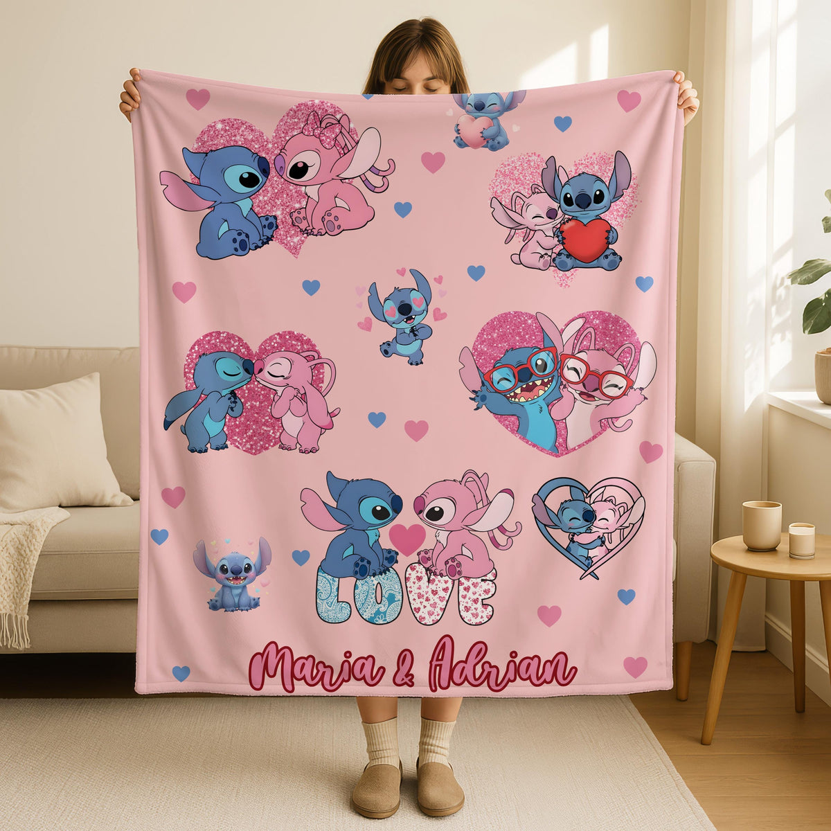 Personalized Name Stitch And Angel Blanket, Custom Name Lilo And Stitch Couple Blanket,Cozy Couple Blanket,Cute Throw Blanket,Valentine Gift