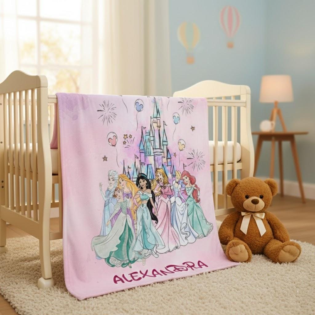 Personalized Watercolor Disney Princess Blanket, Custom Name Baby Girl Blanket, Disney Princess Birthday Girl Gift, WDW Disneyland Princess