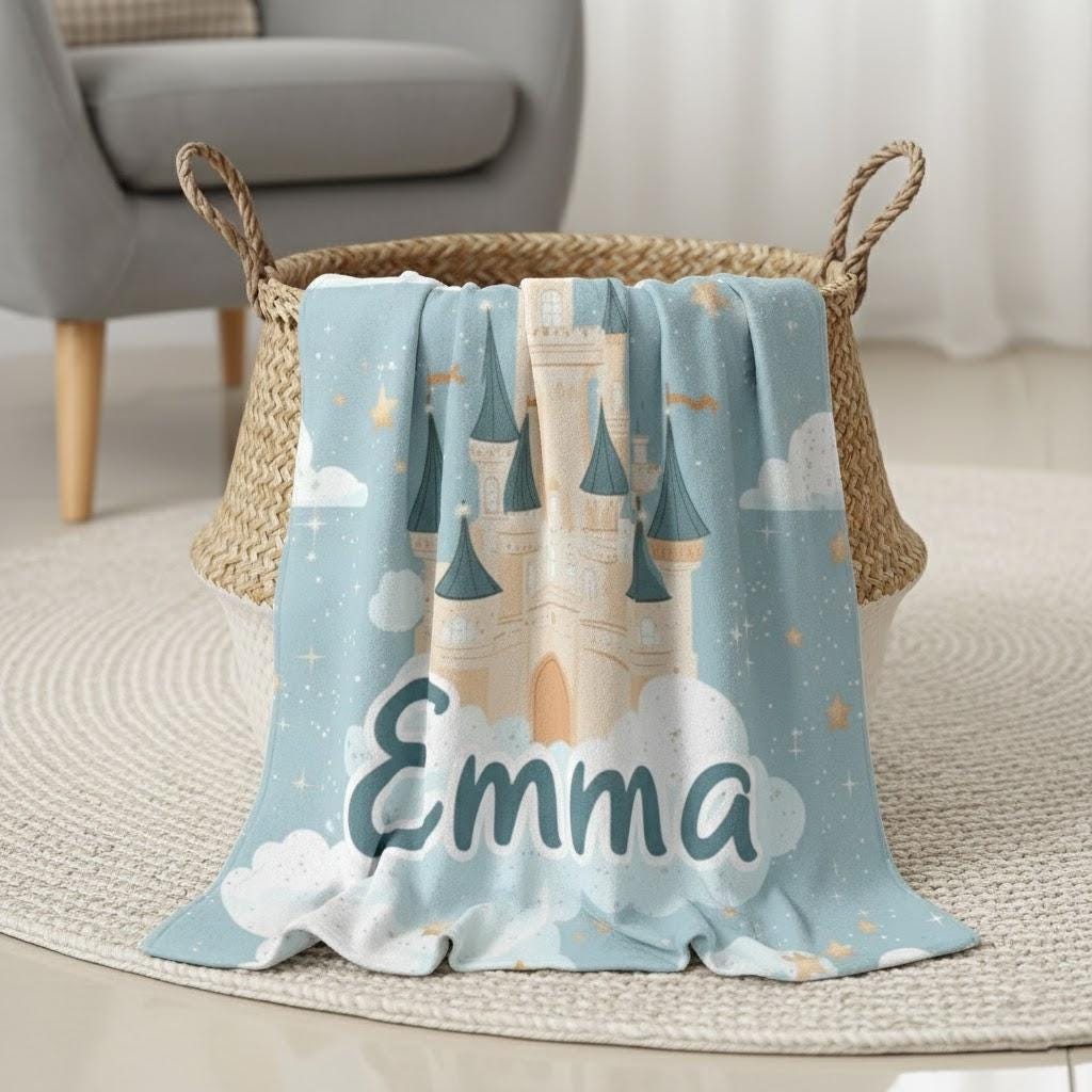 Personalized Disney Castle Baby Blanket, Custom Name Pastel Disney Blanket, Disney Nursery Throw, Happiness Place on Earth