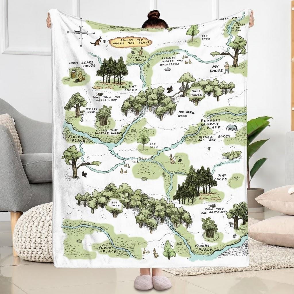 Winnie The Pooh Map Baby Blanket, Custom Name 100 Acre Wood Blanket, Classic Pooh Nursery Bedding, One Hundred Acre Wood Baby Throw Gift