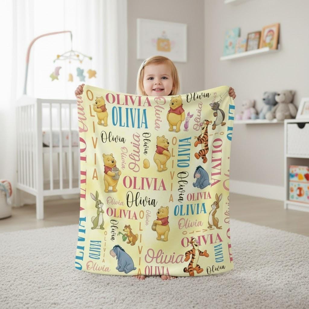 Personalized Winnie the Pooh Baby Blanket, Custom Name Pooh Bear Blanket, Classic Pooh Nursery Bedding, Cute Kids Snuggle Throw Gift