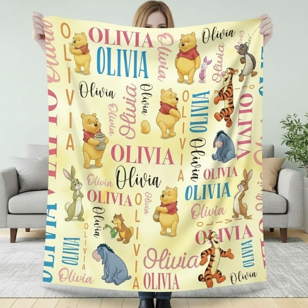 Personalized Winnie the Pooh Baby Blanket, Custom Name Pooh Bear Blanket, Classic Pooh Nursery Bedding, Cute Kids Snuggle Throw Gift