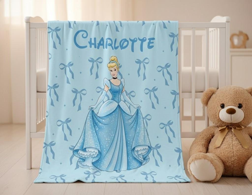 Custom Cinderella Princess Blanket, Disney Coquette Bows Throw, Fairytale Birthday Girl Gift, Personalized Princess Bedding