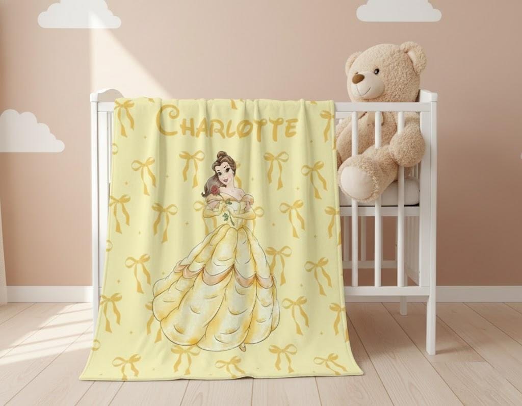 Disney Belle Princess Blanket, Custom Name Beauty and the Beast Throw, Coquette Bows Blanket, Princess Birthday Girl Gift