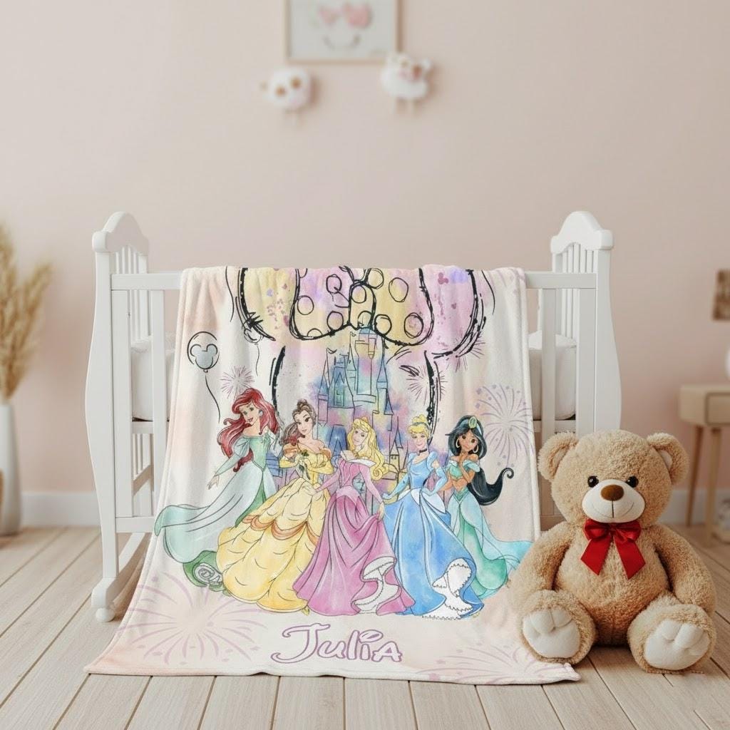 Disney Princess Blanket, Ariel Belle Aurora Cinderella Jasmine Throw, Custom Name Princess Bedding, Coquette Birthday Girl Gift