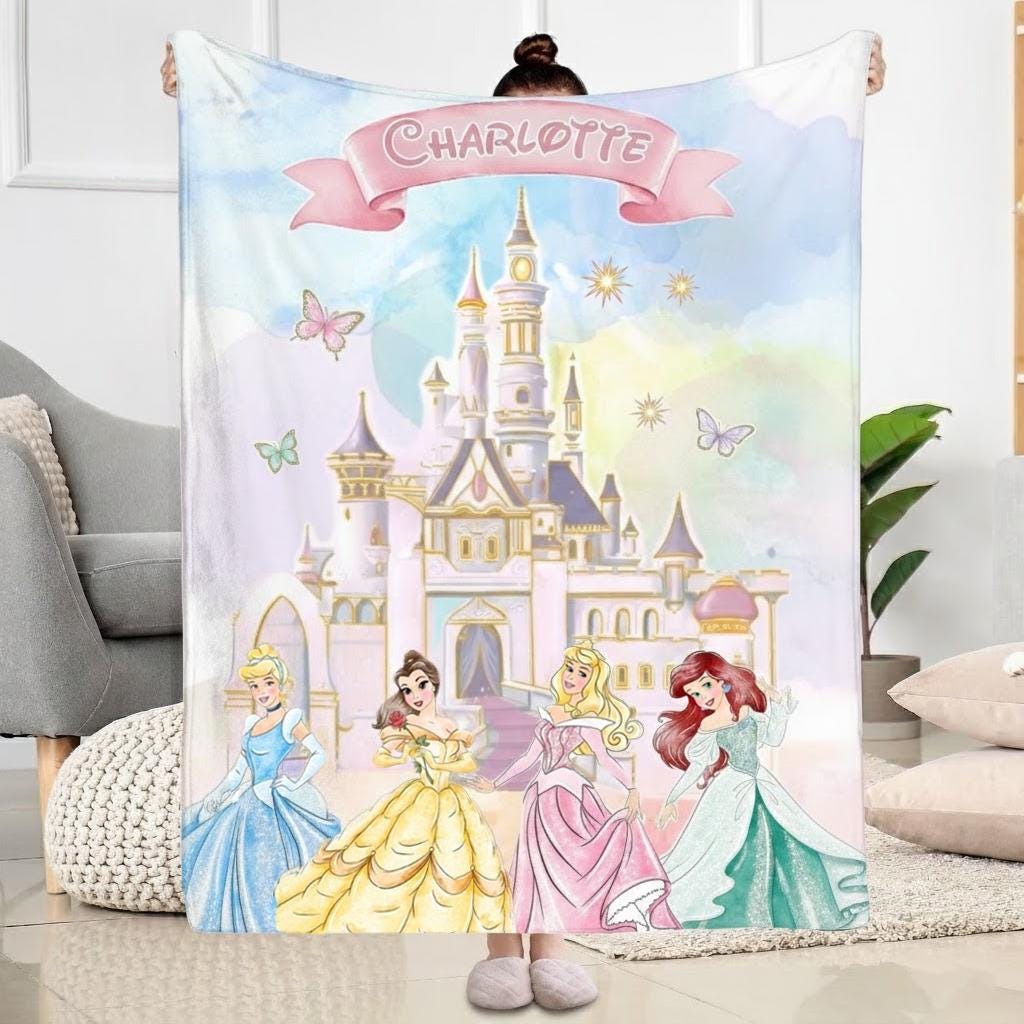 Custom Disney Princess Blanket, Ariel Aurora Cinderella Belle Throw, Coquette Bows Bedding, Personalized Princess Gift for Girls