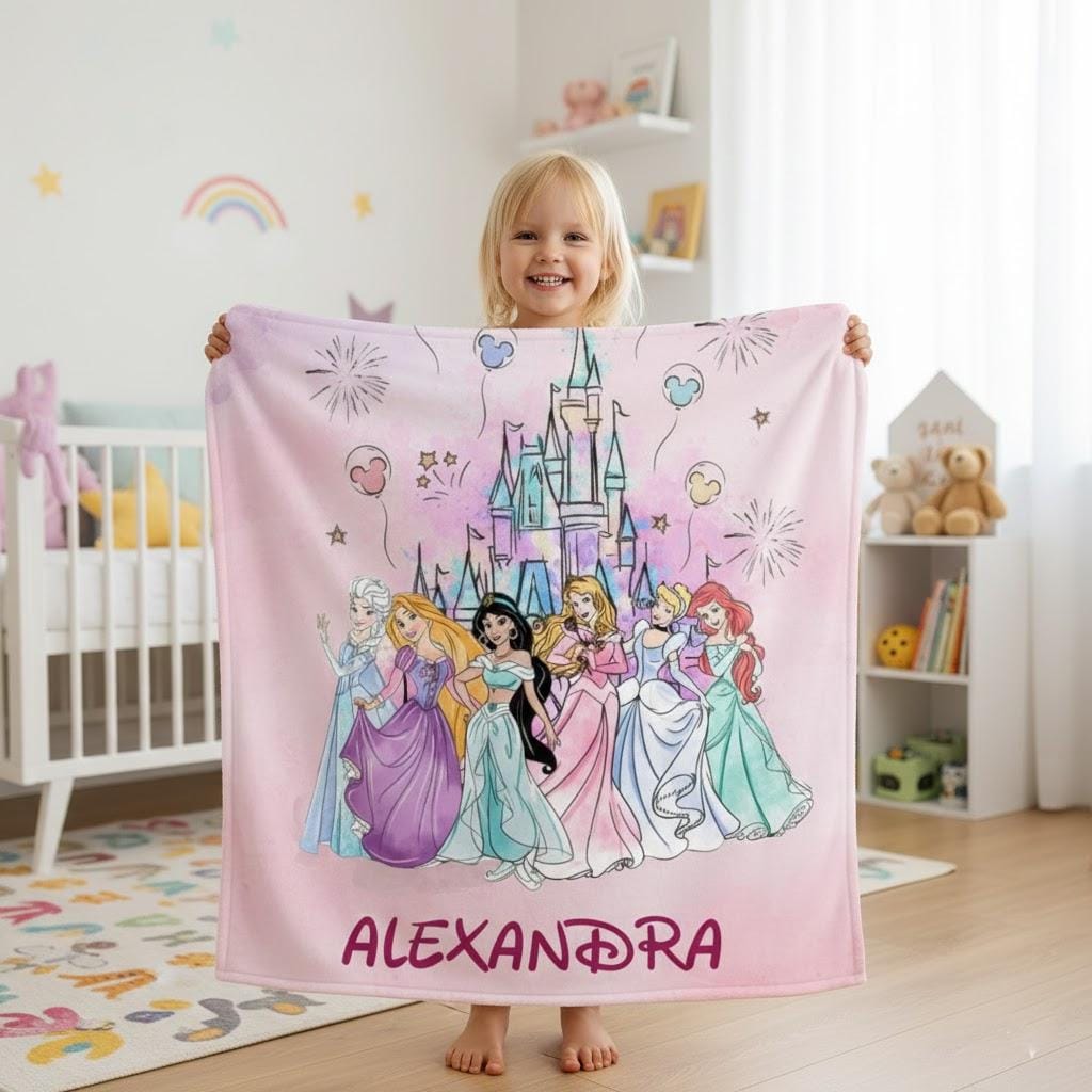 Personalized Disney Princess Blanket, Elsa Rapunzel Jasmine Aurora Cinderella Ariel Throw, Coquette Bows Bedding, Birthday Girl Gift