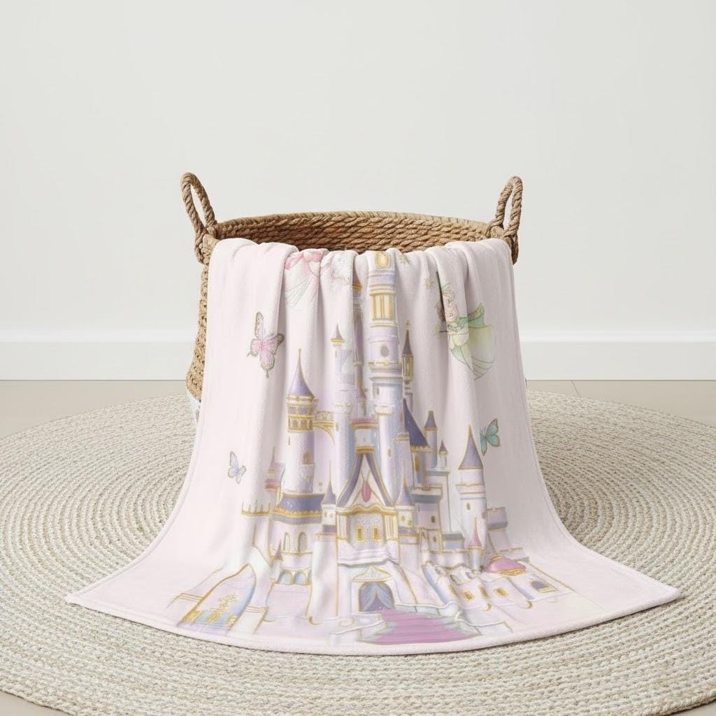 Personalized Princess Castle Blanket, Custom Name Fairy Castle Throw, Pastel Disney Style Nursery Blanket, Magical Kids Birthday Gift