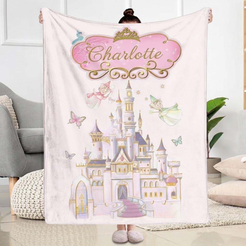 Personalized Princess Castle Blanket, Custom Name Fairy Castle Throw, Pastel Disney Style Nursery Blanket, Magical Kids Birthday Gift