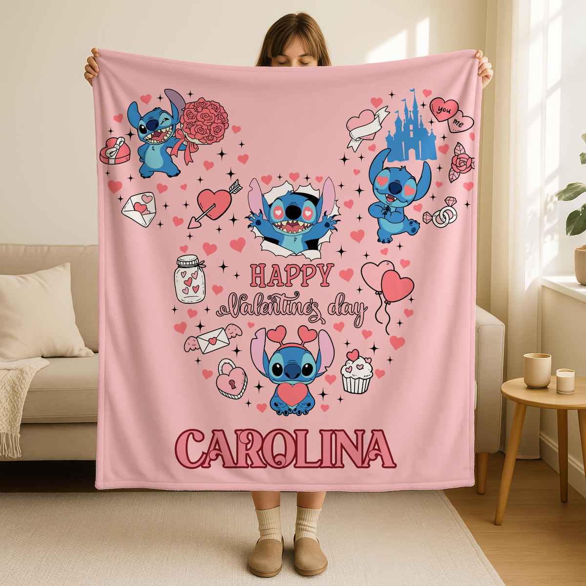 Personalized Stitch Heart Blanket,Stitch Heart Throw, Custom Stitch Blanket, Stitch Valentines Gift,Stitch Love Throw, Family Fleece Blanket