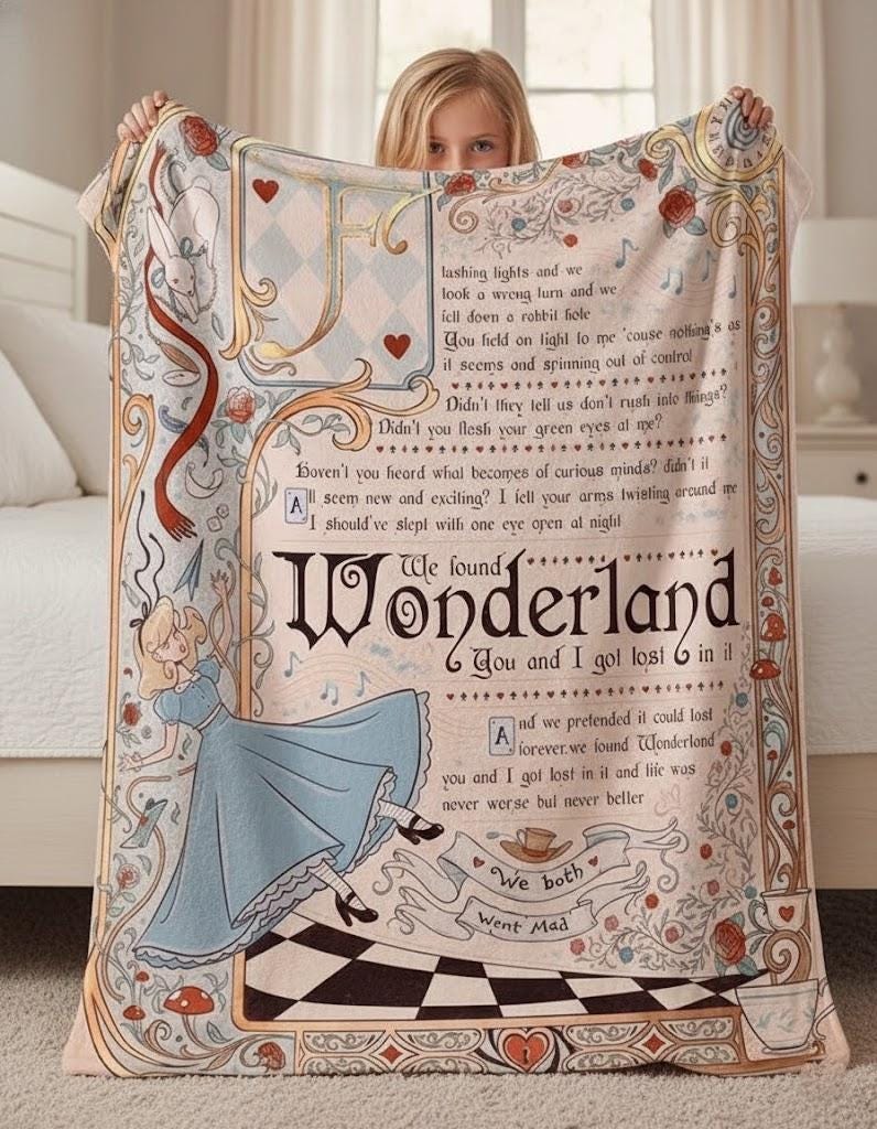 Personalized Alice in Wonderland Blanket, Retro Wonderland Storybook Blanket, Alice Vintage Throw, Custom Name Gift for Kids